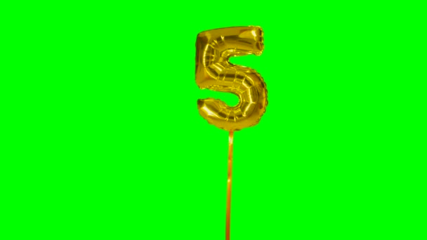 Número Cinco Anos Aniversário Aniversário Balão Dourado Flutuando Tela Verde — Vídeo de Stock