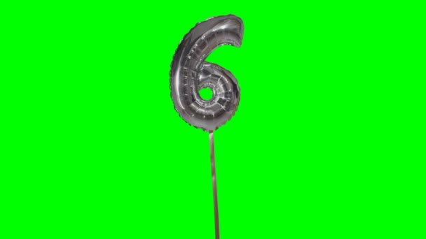 Anzahl Sechs Jahre Geburtstag Jubiläum Silberner Ballon Schwebt Auf Grünem — Stockvideo