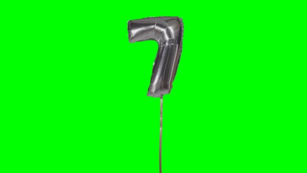 Number Seven Years Birthday Anniversary Silver Balloon Floating Green Screen — Stock Video