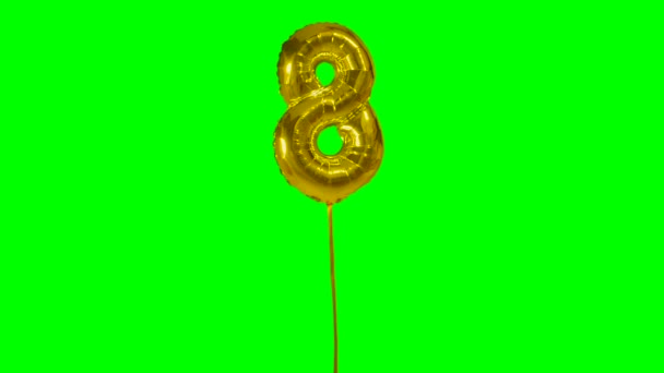 Number Eight Years Birthday Anniversary Golden Balloon Floating Green Screen — Stock Video