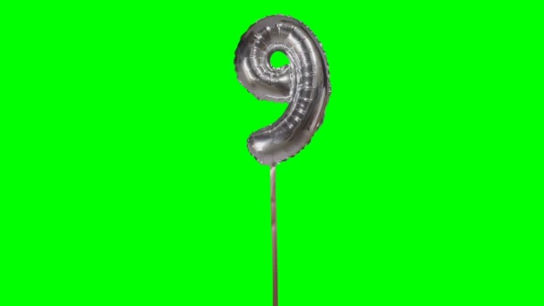 Number Nine Years Birthday Anniversary Silver Balloon Floating Green Screen — Stock Video