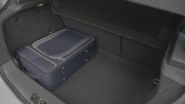 Jungunternehmer Männlich Ordnungsgemäß Organisieren Seine Koffer Kofferraum Auto Für Eine — Stockvideo