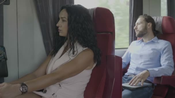 ビジネスの男性とエレガントな乗客女性が電車男の旅の間にリラックスしたデジタル スマート フォンを使用しての旅行 — ストック動画