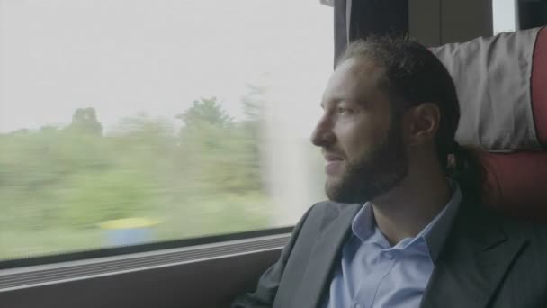 Joyeux Rêveur Costume Affaires Profitant Paysage Par Fenêtre Voyageant Train — Video