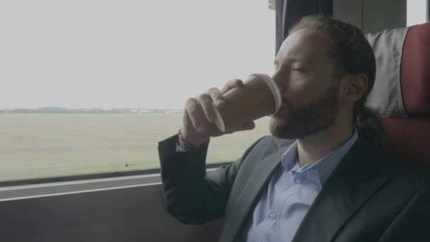 Voyageur Affaires Contemplatif Dans Train Buvant Café Admirant Paysage Extérieur — Video