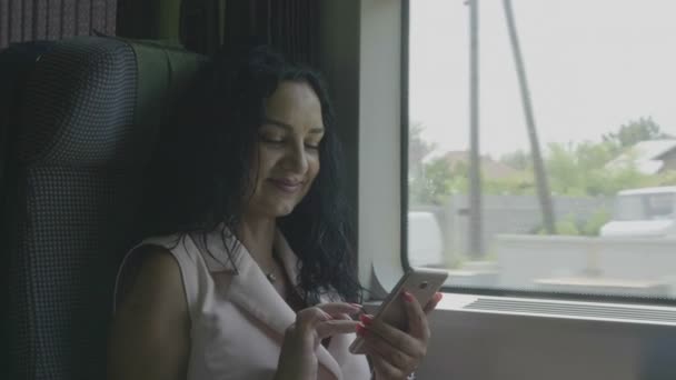彼女はスマート フォンのソーシャル メディア ネットワーク上のインター ネット サーフィンを閲覧しながら笑みを浮かべて電車の中で通勤スタイリッシュな若い女性 — ストック動画