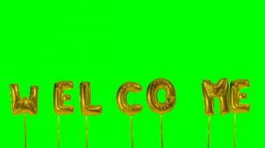Word Hoşgeldiniz helyum yeşil ekran üzerinde yüzen altın balon harfler