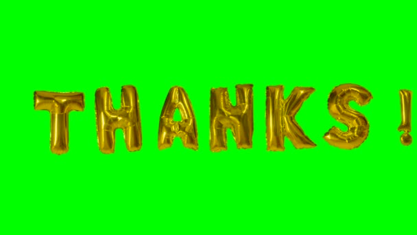 Слово благодаря гелиевому золотому шарику буквы плавающие на зеленом экране — стоковое видео