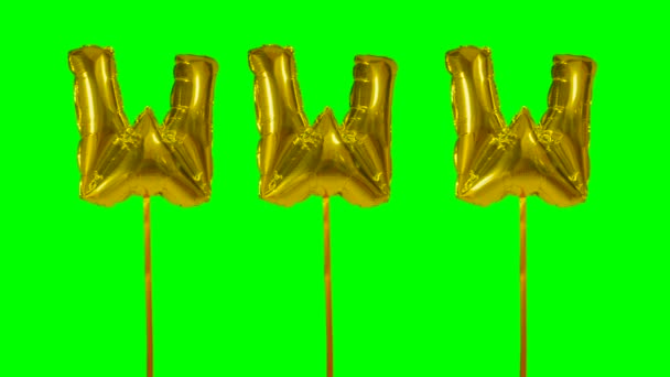 Word www web internet from helium golden balloon letters floating on green screen — Stock Video