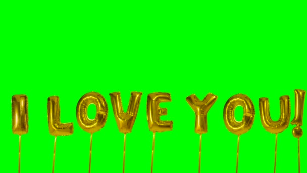 Palabra I love you from helium golden balloon letters floating on green screen — Vídeo de stock