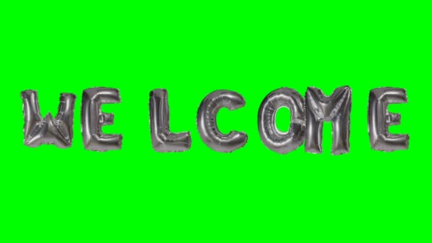 从氦银色气球信件漂浮在绿色屏幕上的欢迎词 — 图库视频影像
