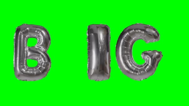 大きな緑色の画面に浮かぶ銀のヘリウム風船文字から単語 — ストック動画