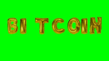 Kelime Bitcoin gelen yeşil ekran üzerinde yüzen altın helyum balon harfler