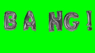 Yeşil ekran üzerinde yüzen gümüş helyum balon harfler kelime bang