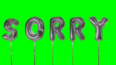 Word gümüş helyum balon harfler yeşil ekran üzerinde yüzen üzerinden özür