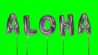 Aloha helyum gümüş balon harfler yeşil ekran üzerinde yüzen üzerinden kelime