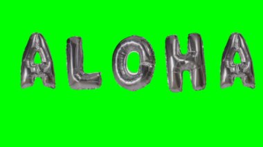 Aloha helyum gümüş balon harfler yeşil ekran üzerinde yüzen üzerinden kelime