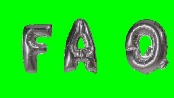 Slovo faq z helia stříbrná bublina dopisy plovoucí na zelené obrazovce — Stock video