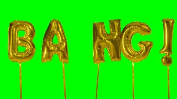 Palavra estrondo de hélio letras balão dourado flutuando na tela verde — Vídeo de Stock