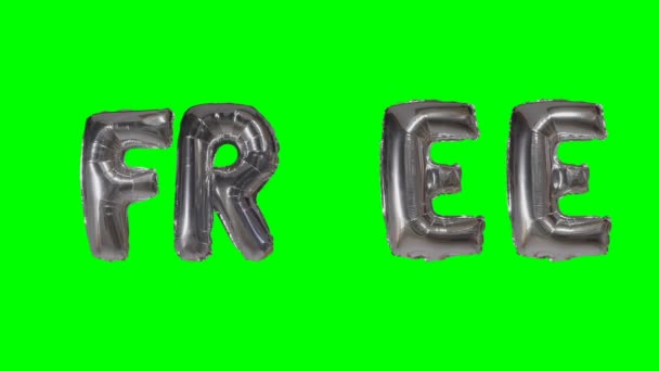 Word free from helium silver balloon letters floating on green screen — Stock Video