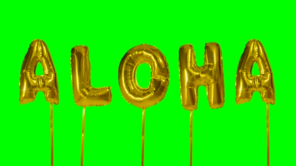 Palavra aloha de hélio letras balão dourado flutuando na tela verde — Vídeo de Stock