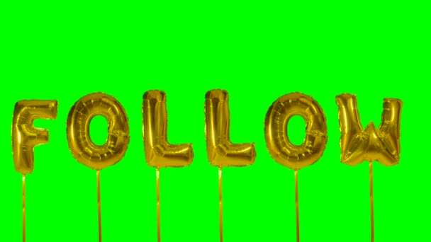 Слово следует из гелиевого золотистого шарика буквы плавающие на зеленом экране — стоковое видео
