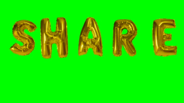 从漂浮在绿色屏幕上的氦金气球字母的单词共享 — 图库视频影像