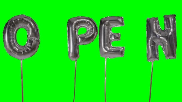 Слово, открытое из серебряных букв гелия, плавающих на зеленом экране — стоковое видео