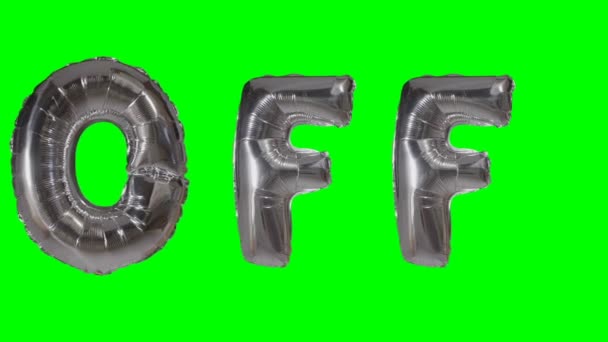 Word off from helium silver balloon letters floating on green screen — Stock Video