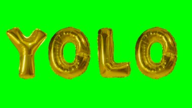 Yolo yeşil ekran üzerinde yüzen altın helyum balon harfler üzerinden kelime