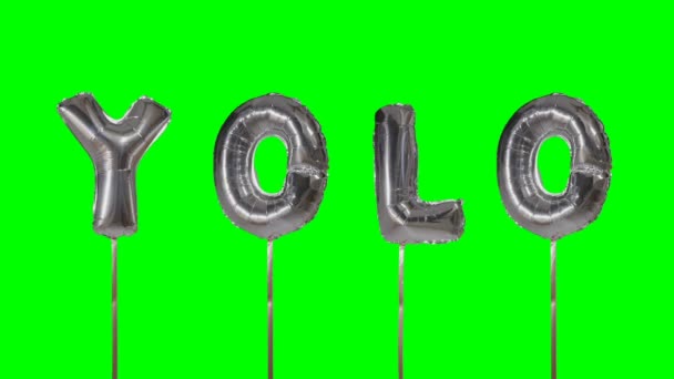 Mot YOLO de l'hélium argent lettres ballon flottant sur écran vert — Video