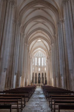 Alcobaca, Portekiz - 22 Eylül 2018: Ayrıntılar içinde manastır Alcobaca Leiria District, Portekiz