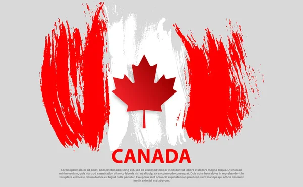 Feliz Día de Canadá, julio 1 día festivo celebrar tarjeta. Hoja de arce en bandera hecha en fondo de trazo de pincel . — Vector de stock