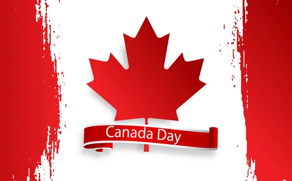 Feliz Día de Canadá, julio 1 día festivo celebrar tarjeta. Hoja de arce en bandera hecha en fondo de trazo de pincel . — Vector de stock