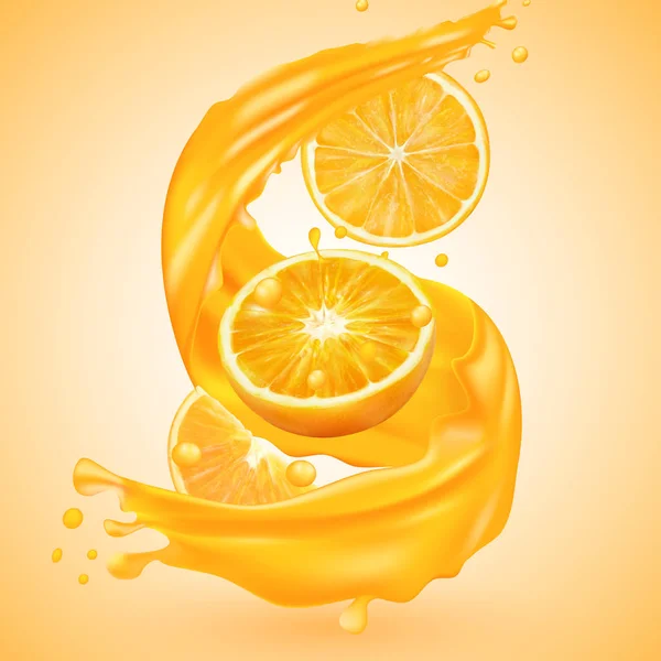 Ganze und Orangenscheiben. Orangensaft Werbung realistisches Design. — Stockvektor