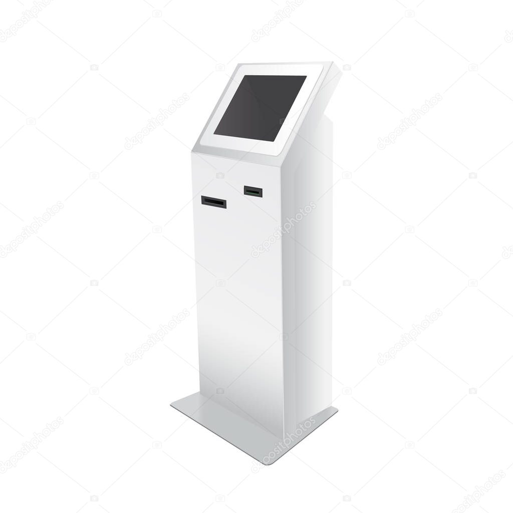 Outdoor White. Payment Terminal. ATM, POS, POI Advertising Stand On White Background. 3D Mock Up, Template