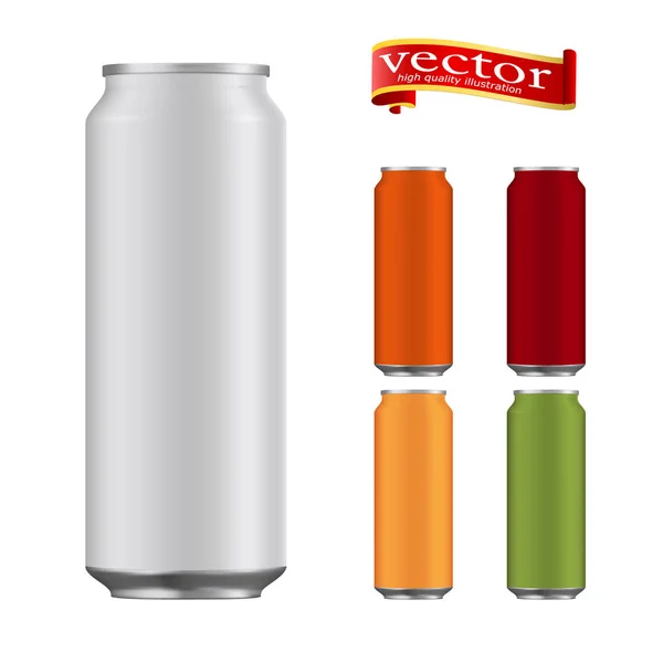Set de latas metálicas realistas, de aluminio rojo, verde, naranja, burdeos y en blanco 500 ml — Vector de stock