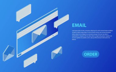İzometrik e-posta gelen kutusu elektronik iletişim. E-posta pazarlama. İleti alma.