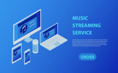 Müzik endüstrisi izometrik poster ile hizmet sembolleri vektör çizim akış. 