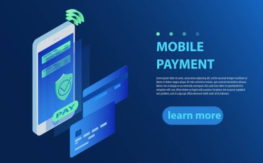 Kavramları mobil ödeme, kişisel verilerin korunması. İzometrik düz tasarım. Vektör çizim