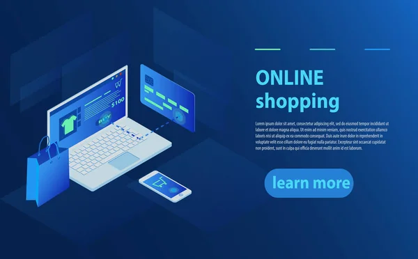 Έννοια του online shop, ηλεκτρονικό κατάστημα. Μεταφέρετε χρήματα από την κάρτα. Ισομετρική laptop, τραπεζική κάρτα και τσάντα για ψώνια σε μπλε φόντο. — Διανυσματικό Αρχείο