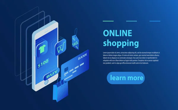 Concetto di negozio online, negozio online. Trasferire denaro dalla carta. Smartphone isometrico, carta bancaria e shopping bag su sfondo blu . — Vettoriale Stock