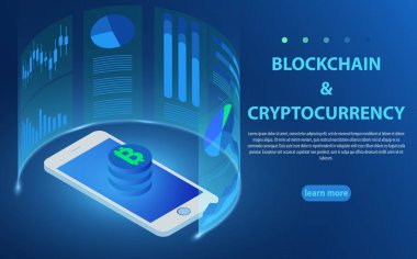 Bitcoin, cryptocurrency, blockchain teknoloji, ağ kavramlara bağlı smartphone.