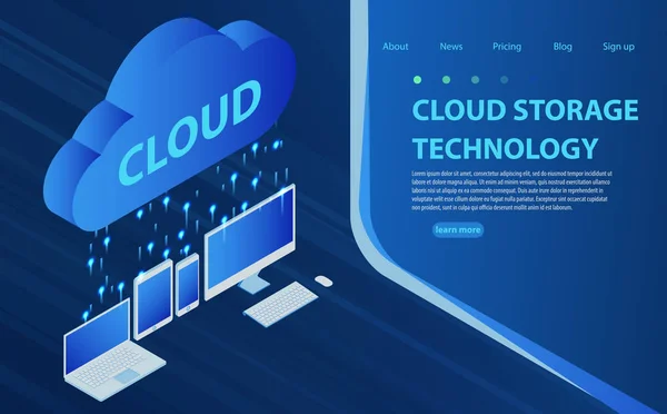 Cloud computing tecnología usuarios red configuración isométrica cartel del anuncio con pc monitor tablet teléfono portátil. — Vector de stock