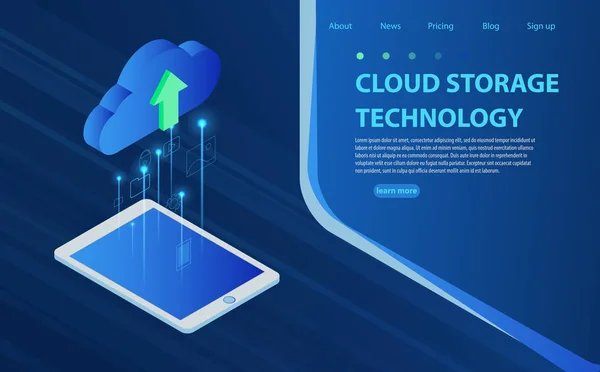 Cloud Computing Technologie Nutzer Netzwerkkonfiguration isometrisches Werbeplakat mit Tablet. — Stockvektor