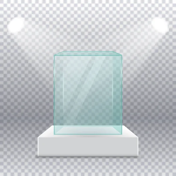 Empty transparent glass box on pedestal with spotlights on the sides on a transparent background. — Stock Vector