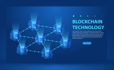 Blockchain kavramı kaymak banner tasarımı ile izometrik blok zincir şekil ve metin vektör çizim