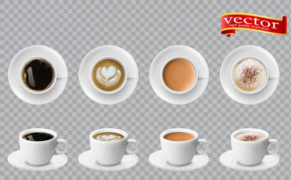 3D realistické různé druhy kávy v bílé šálky pohled z horní a boční. Cappuccino latte americano espresso kakao — Stockový vektor