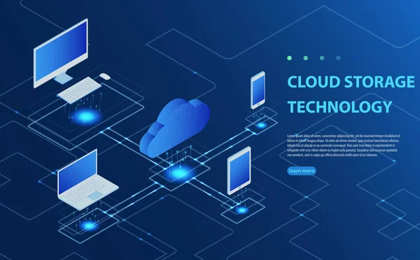 Fogalmak Cloud tárolási. Website-val a számítógép, laptop, smartphone, a kék háttér-fejléc. — Stock Vector
