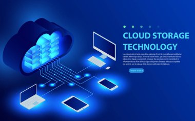 İzometrik Cloud Hosting ağ vektör Banner tasarımı. Online bilgisayar depolama 3d kavramı.